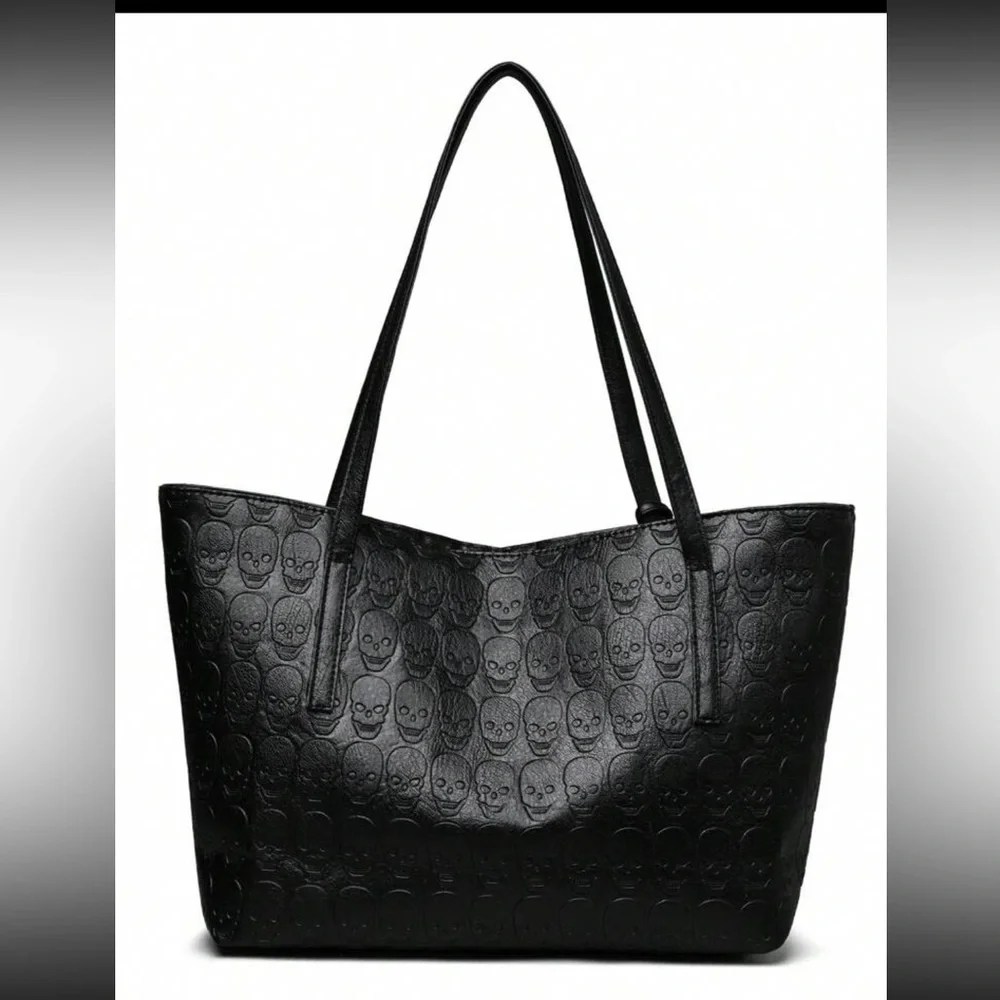 Black Embossed Skull Tote Bag - Stylish Women's Shoulder Bag